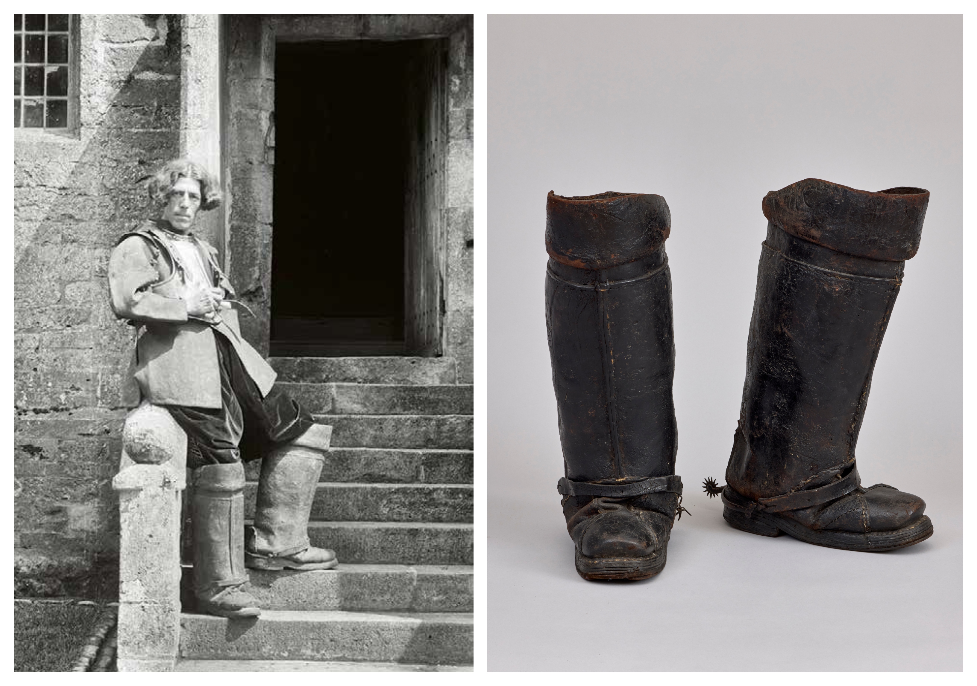 Old photograph of man in costume on steps of a house. Alongside a modern image detailing the knee high black boots worn.