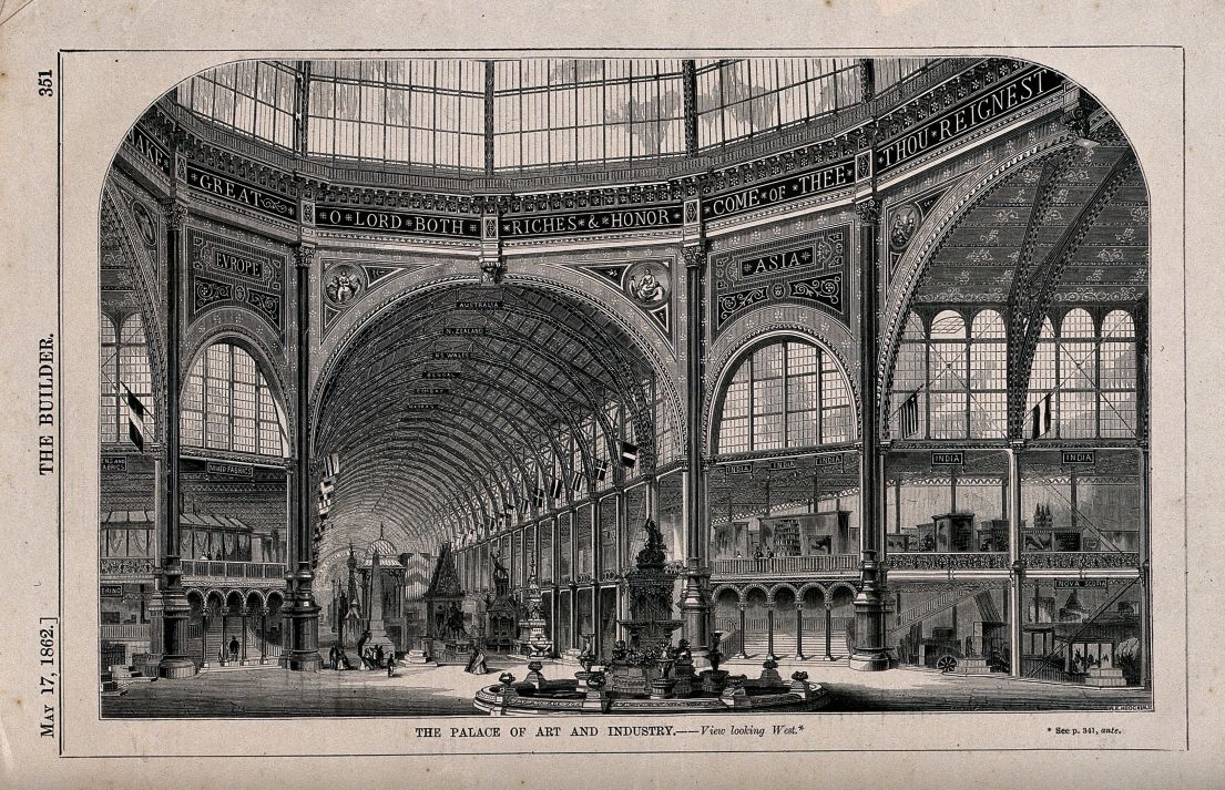 A postcard showing the Great Exhibition at Crystal Palace - the exhibition area overshadowed in the glass structured building.