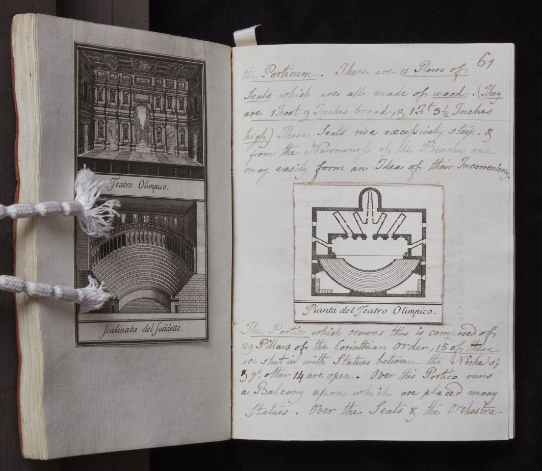 Scrapbook laid open with images and notes related to architecture