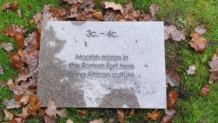 Rectangular stone memorial slab on grass covered with autumn leaves.