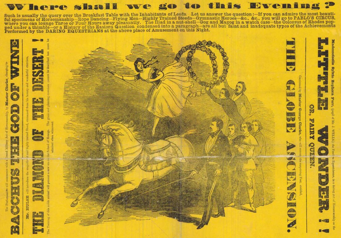 Circus poster illustration of a woman standing atop a galloping horse as men walk alongside.