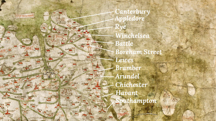 Old map of Kent highlighting pilgrimage stops.