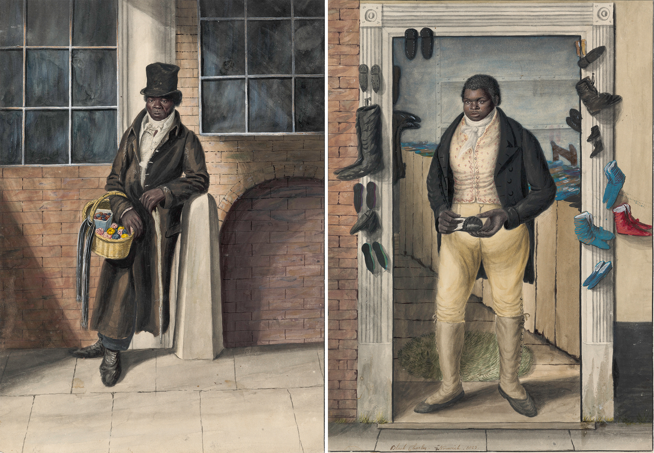 Two 19th century illustrations of black street traders, one carries a basket, the other stands in the doorway of a shoe shop.