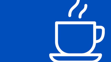 A white outline icon of a steaming mug on a plate with a blue background