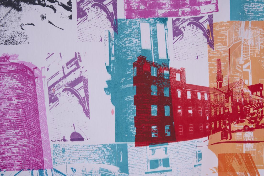 A bright visual canvas of prints showing different parts of society and architecture.