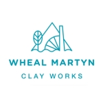 Blue text "Wheal Martyn Clay Works" with a line illustration above it of a tree and clay works.