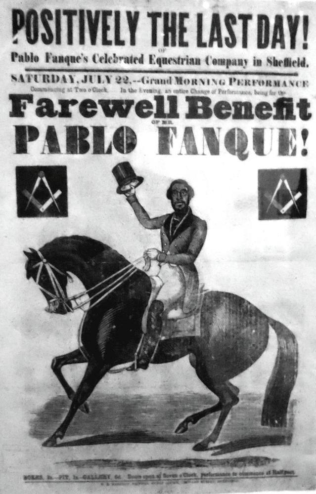 Black and white circus poster depicting a man on a horse waving a top hat.